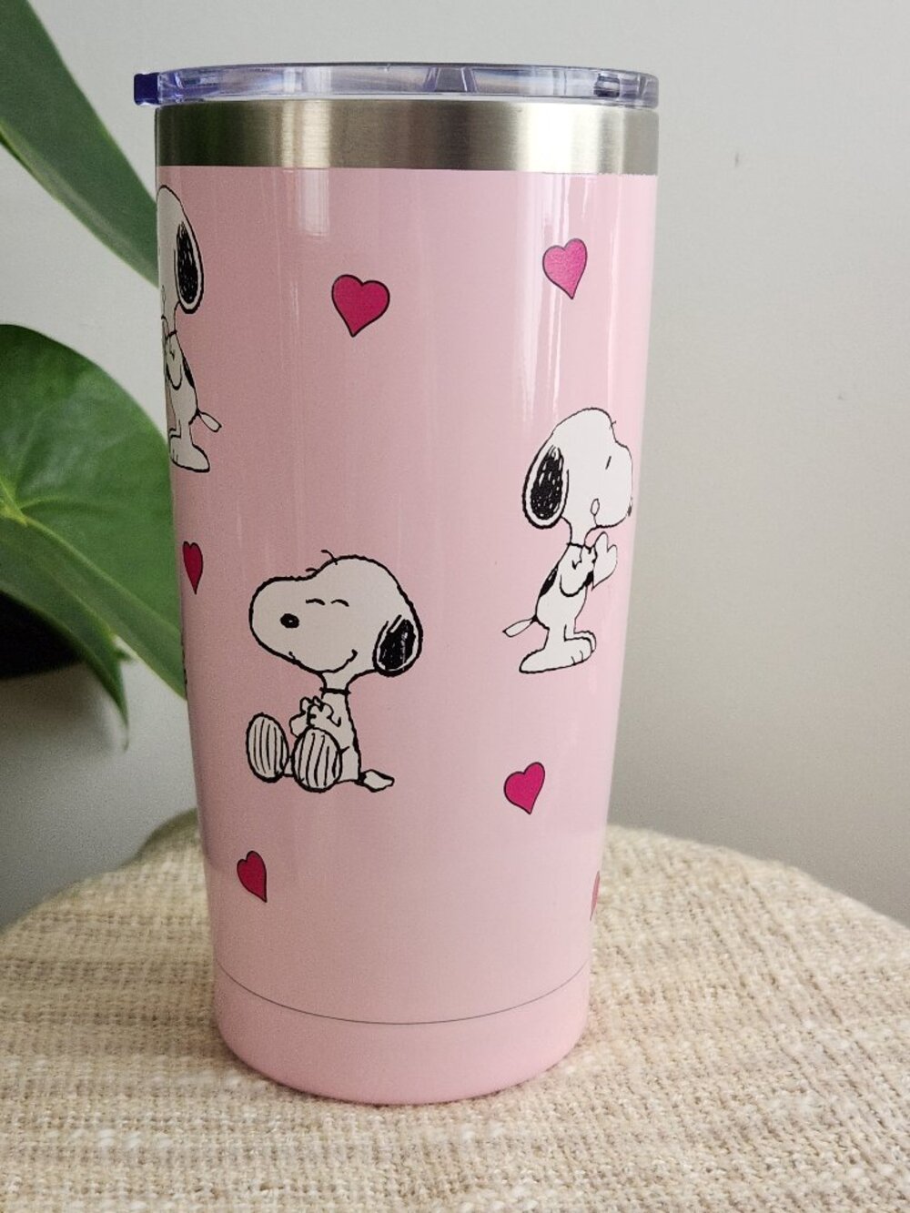 Snoopy Woodstock Stainless Steel Valentine Pink Tumbler Peanuts Clear Plastic Li